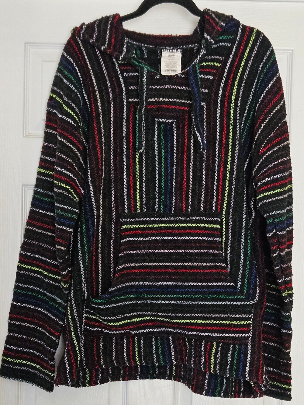 ÖLand Y2k Baja Hoodie XXL Poncho Black Multicolor Stripe Mexican Rasta Hippie